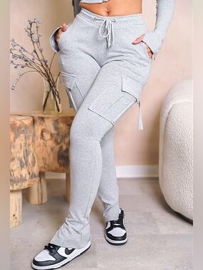 Gray Cargo Sweatpants with Pockets, Drawstring Waist